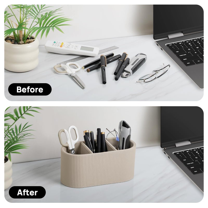 Cretkhp Aesthetic Remote Control Holder, PU Leather Pen Holder for Desk with 3 Compartments for Home Office Supplies and Accessories, Stylish Bedside Remote Holder Nightstand Desktop Organizer (Beige) - Image 4