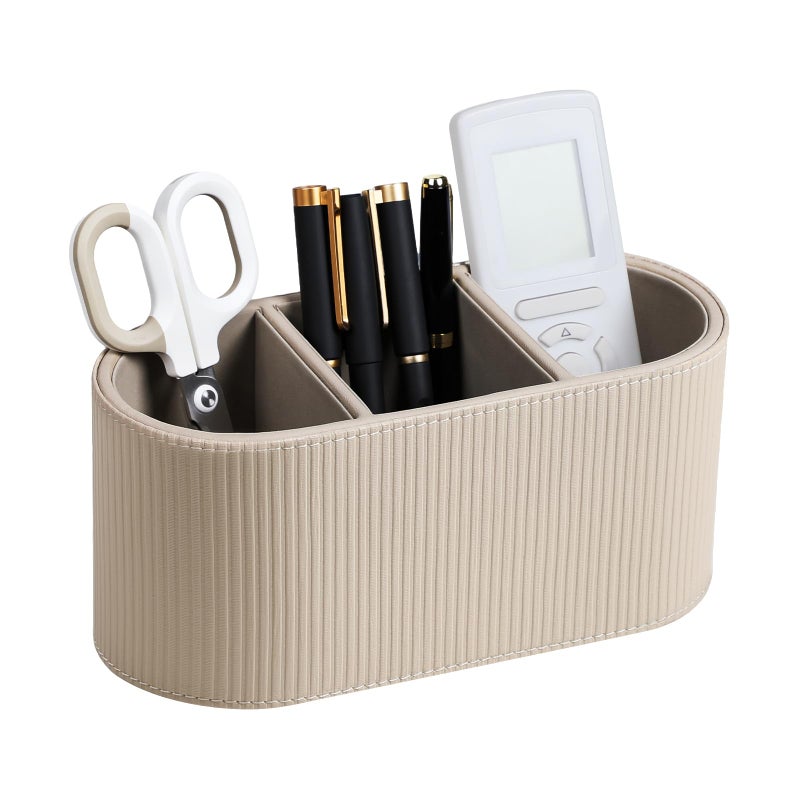 Cretkhp Aesthetic Remote Control Holder, PU Leather Pen Holder for Desk with 3 Compartments for Home Office Supplies and Accessories, Stylish Bedside Remote Holder Nightstand Desktop Organizer (Beige) - Image 1