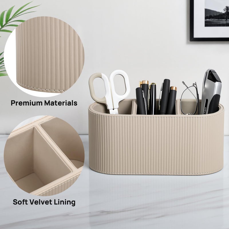 Cretkhp Aesthetic Remote Control Holder, PU Leather Pen Holder for Desk with 3 Compartments for Home Office Supplies and Accessories, Stylish Bedside Remote Holder Nightstand Desktop Organizer (Beige) - Image 3