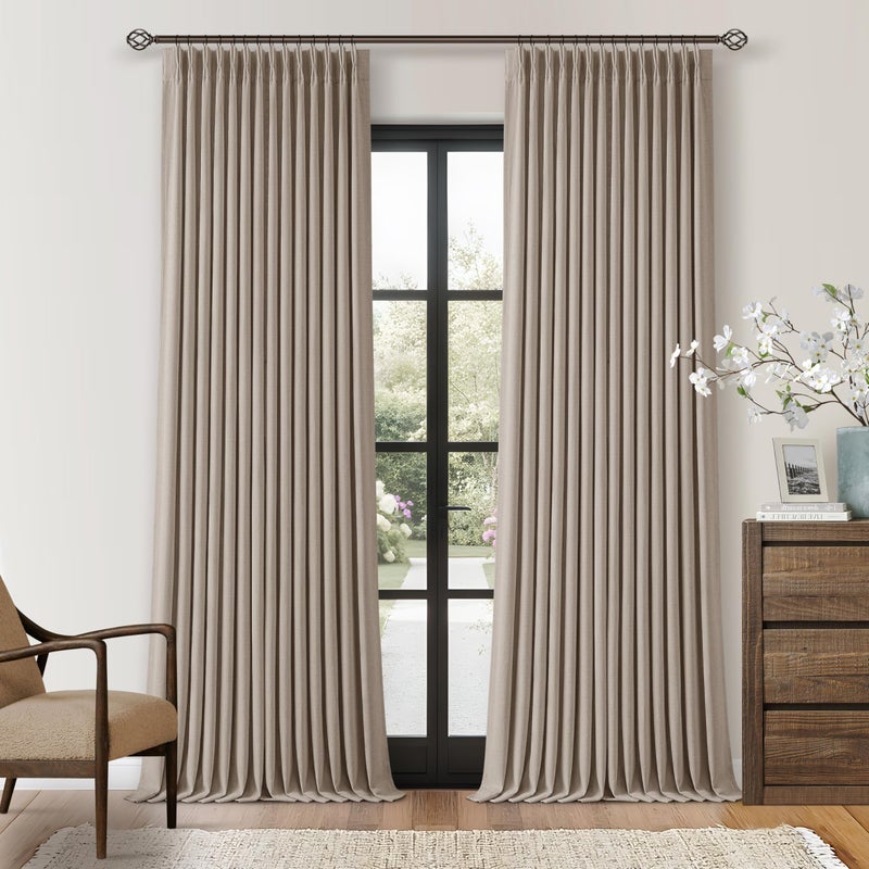 TWODRAPES Dark Flax Linen Pinch Pleated 100% Blackout Curtains 90 Inch Length 2 Panels Set Burlywood Birch Tan Brown Pinch Pleat Curtains Black Out Blocking Room Darkening Drapes for Bedroom Living Room Window - Image 1