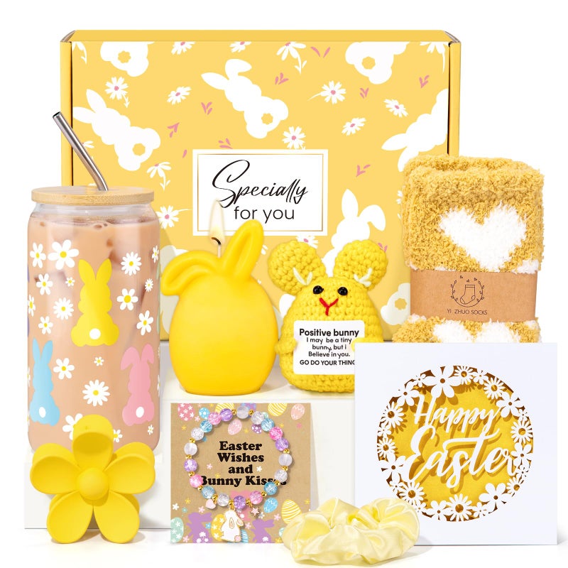 Frerdui Easter Basket Stuffers for Women & Teen Girls, Prefilled Easter Gifts Basket for Women & Teen Girls with Bunny Glass Cup, Scented Candle, Bunny Gift Set for Mom, Wife, Sister, Friends, Yellow - Image 1