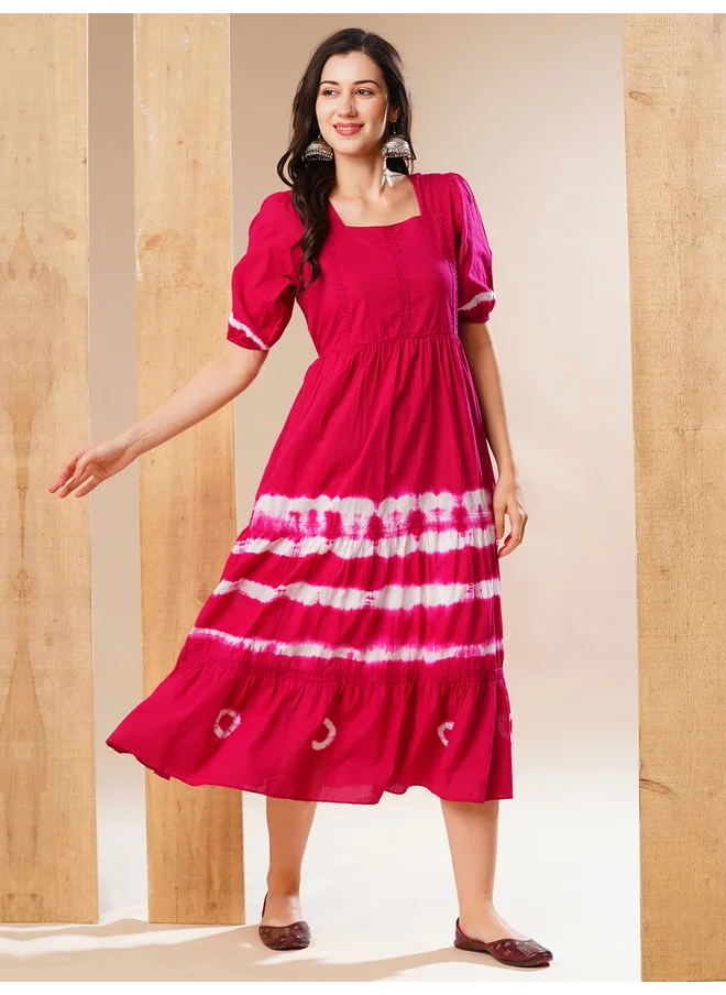 جلو باص Globus Tie and Dye Print Square Neck A-Line Midi Dress