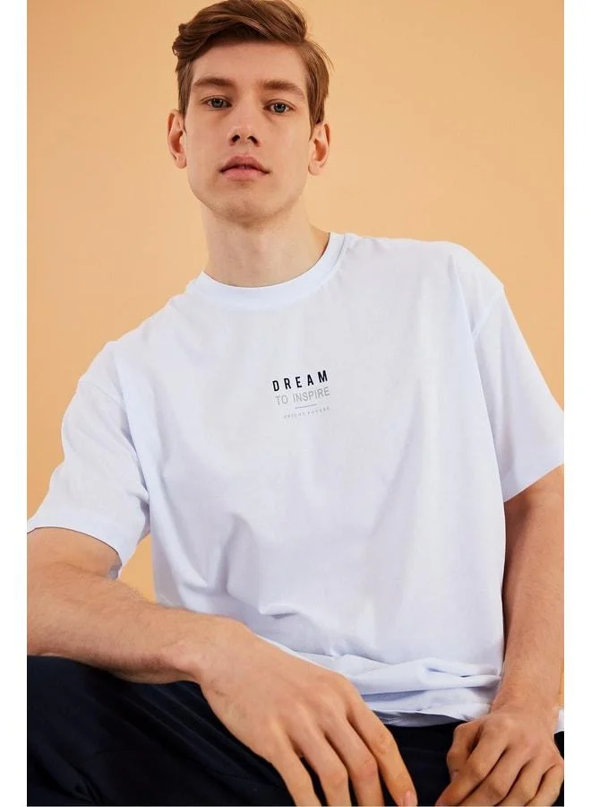 mmetalic Leo Men's Oversize T-Shirt 100% Cotton Basic White Crew Neck with Print Details