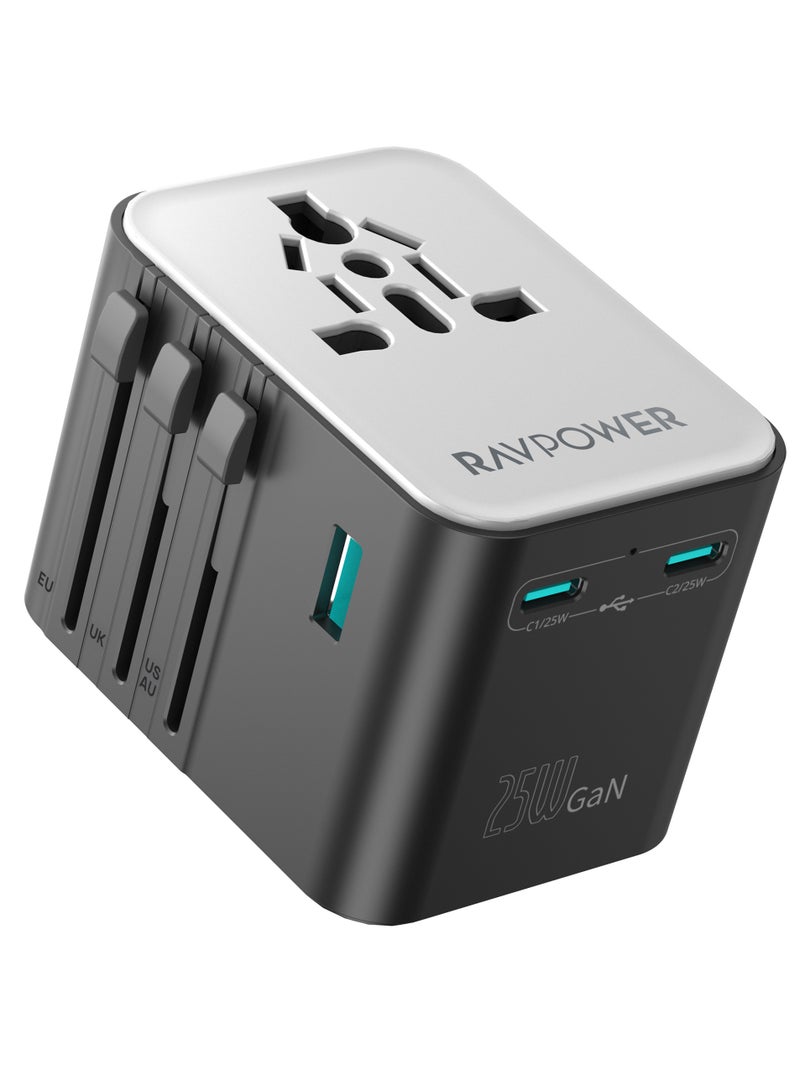 RAVPOWER 25W Multi-Port Travel Adapter with 2 Type-C Ports and 1 USB Port - Black - Image 2