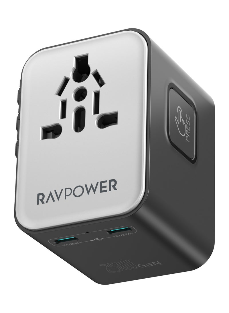 RAVPOWER 25W Multi-Port Travel Adapter with 2 Type-C Ports and 1 USB Port - Black - Image 1