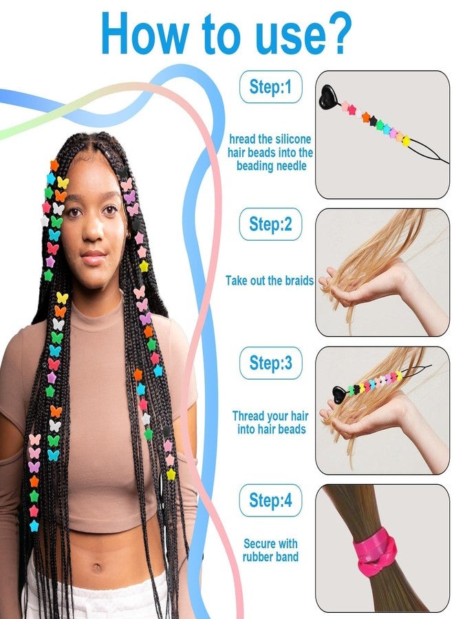 مجموعة Waldeinsamkeit المكونة من 200 خرزة شعر سيليكونية، خرزة شعر على شكل فراشة ونجمة 5 مم، 10 ألوان لضفائر الفتيات، 2 أداة بلاستيكية سريعة لربط الخرز، 100 رباط مطاطي مرن، خرز شعر سيليكوني ناعم ودقيق للضفائر. - Image 3