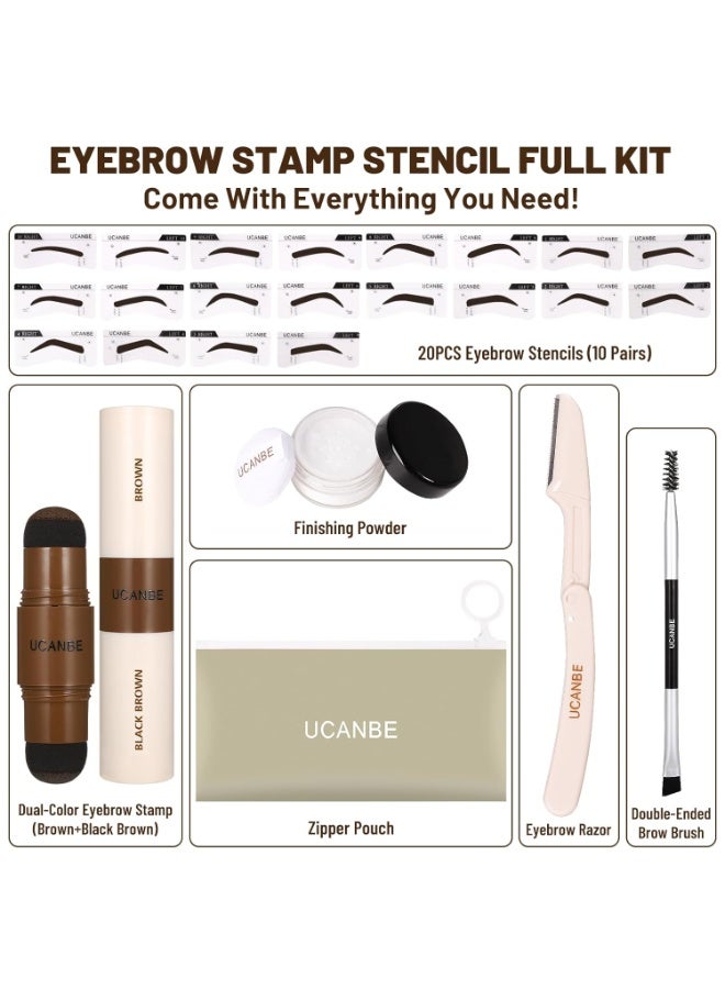 Ucanbe UCANBE 25PCS Eyebrow Stamp Stencil Kit With Dual-Color Eyebrow Stamp Pomade,20 Reusable Eyebrow Stencils,Finising Powder,Brush,Eyebrow Razor,Zipper Pouch,Waterproof Eye Brow Stamping and Shaping Kit05  - Image 2