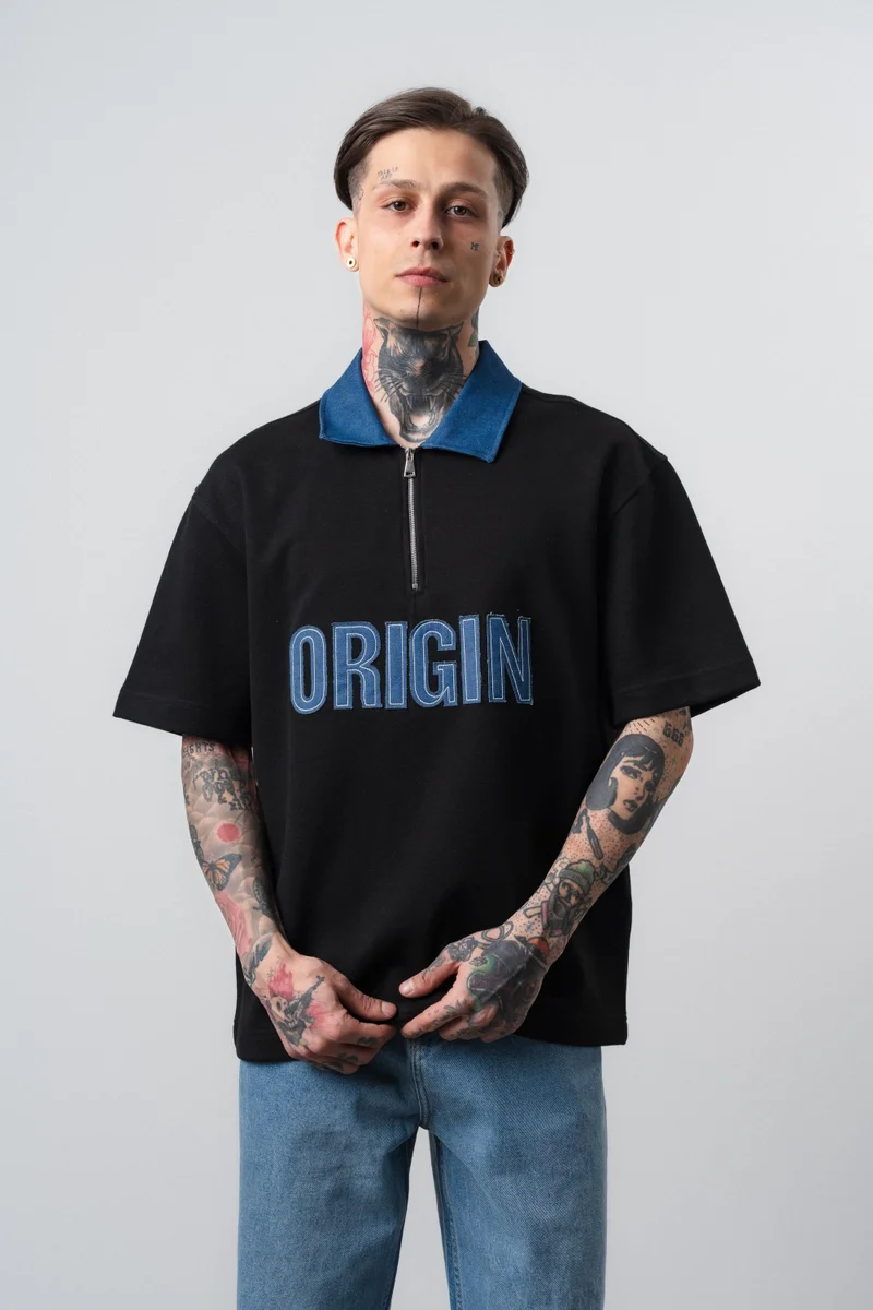 Respire Men's Origin Embroidered Polo Collar Regular Fit T-Shirt Black