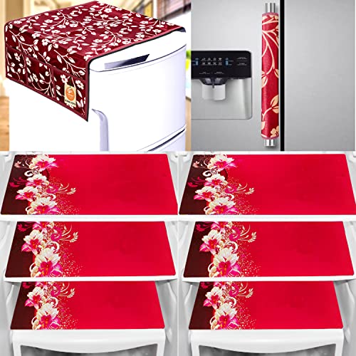 KANUSHI Industries® PVC Fridge Mats Set Of 6 / Refrigerator Mats+1 Pc Fridge cover/Refrigerator cover+1 Fridge/Refrigerator handle cover (FRI-MAROON-RAJ+1-HANDLE+M-23-06) - Image 1