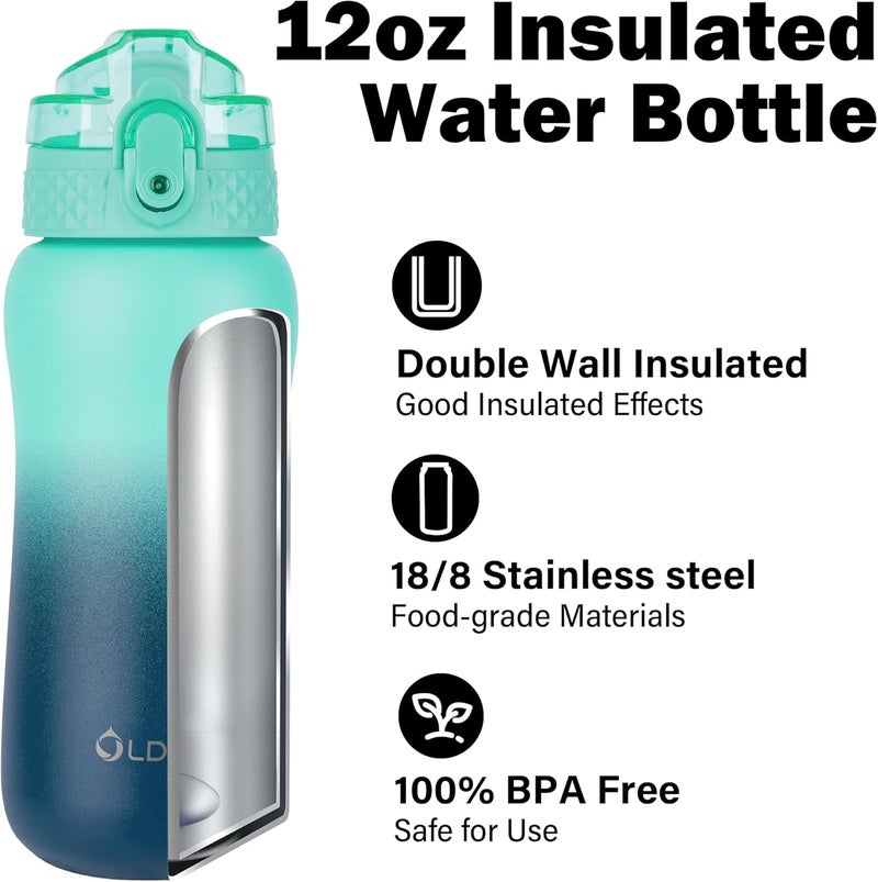 OLDLEY 12 oz Insulated Kids Water Bottle with Straw/Chug/2 One-Click-Open Lids 10 Stickers Fruit Strainer Stainless Steel Water Bottles Double Wall Vacuum Wide Mouth BPA Free Sweat & Leak-Proof for School - Image 4