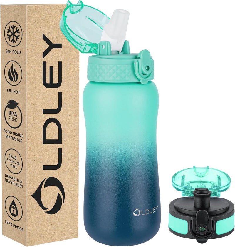 OLDLEY 12 oz Insulated Kids Water Bottle with Straw/Chug/2 One-Click-Open Lids 10 Stickers Fruit Strainer Stainless Steel Water Bottles Double Wall Vacuum Wide Mouth BPA Free Sweat & Leak-Proof for School - Image 1