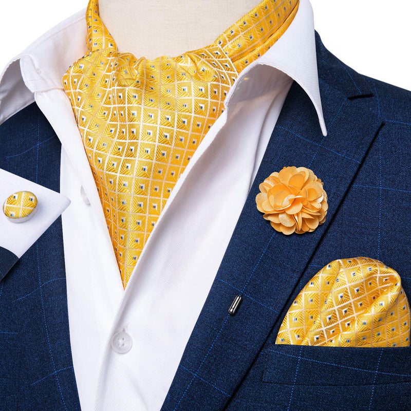 DiBanGu Mens Yellow Ascot Ties Pocket Square Cufflinks with Lapel Pin Silk Plaids Cravat Ties Ascot - Image 2