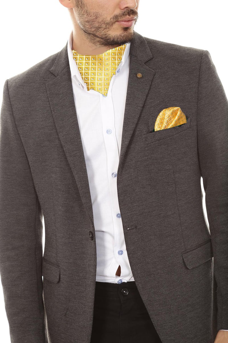 DiBanGu Mens Yellow Ascot Ties Pocket Square Cufflinks with Lapel Pin Silk Plaids Cravat Ties Ascot - Image 4