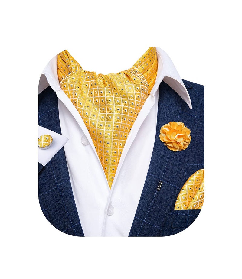 DiBanGu Mens Yellow Ascot Ties Pocket Square Cufflinks with Lapel Pin Silk Plaids Cravat Ties Ascot - Image 1
