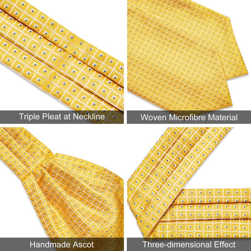 DiBanGu Mens Yellow Ascot Ties Pocket Square Cufflinks with Lapel Pin Silk Plaids Cravat Ties Ascot - Image 5