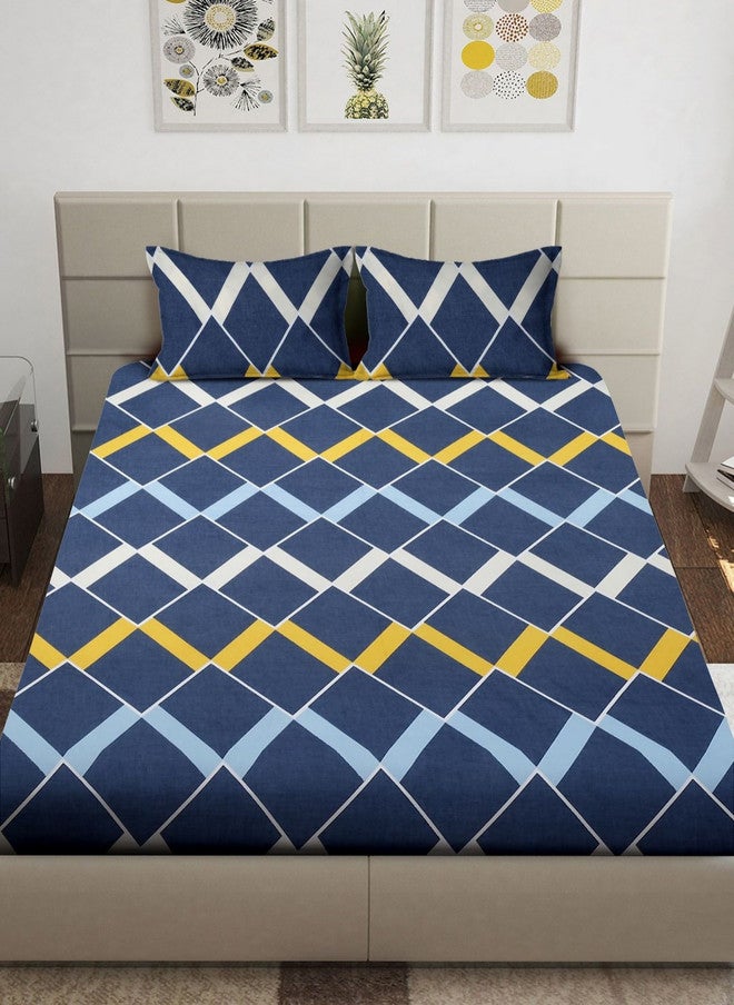 Arrabi Blue Geometric Cotton 310 TC Fitted King Bedsheet with 2 Pillow Covers - Image 1