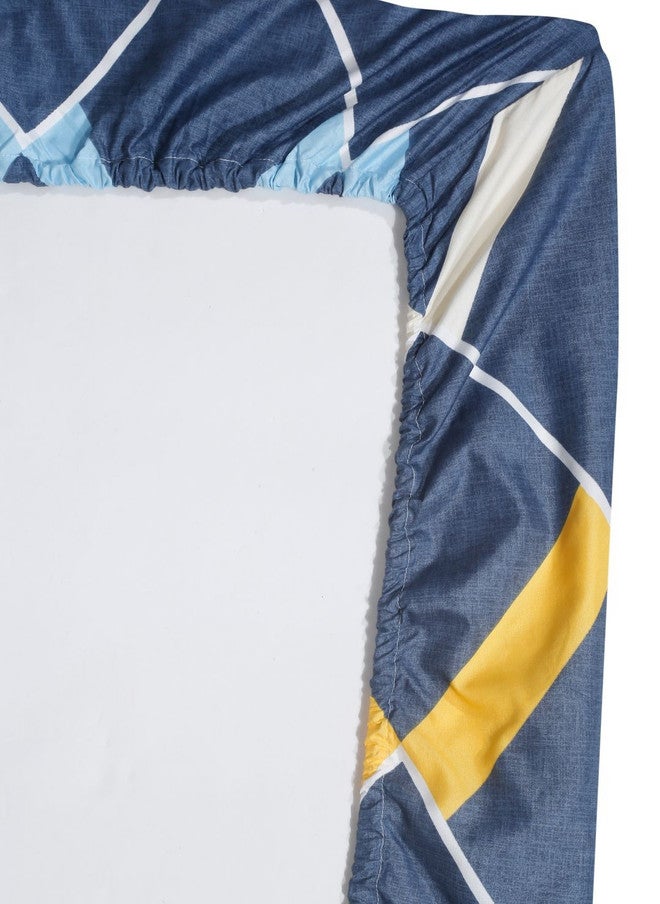 Arrabi Blue Geometric Cotton 310 TC Fitted King Bedsheet with 2 Pillow Covers - Image 5