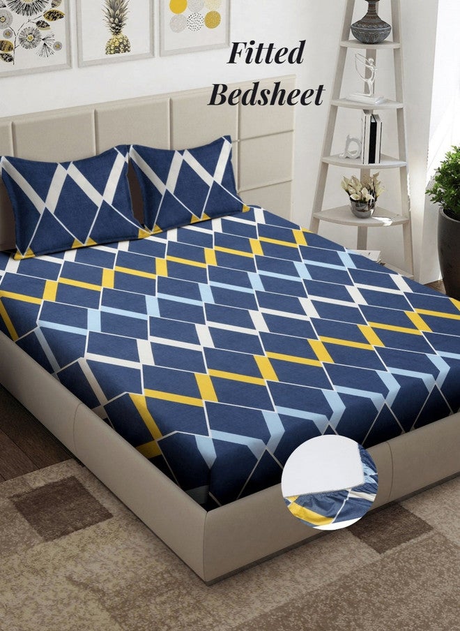 Arrabi Blue Geometric Cotton 310 TC Fitted King Bedsheet with 2 Pillow Covers - Image 3