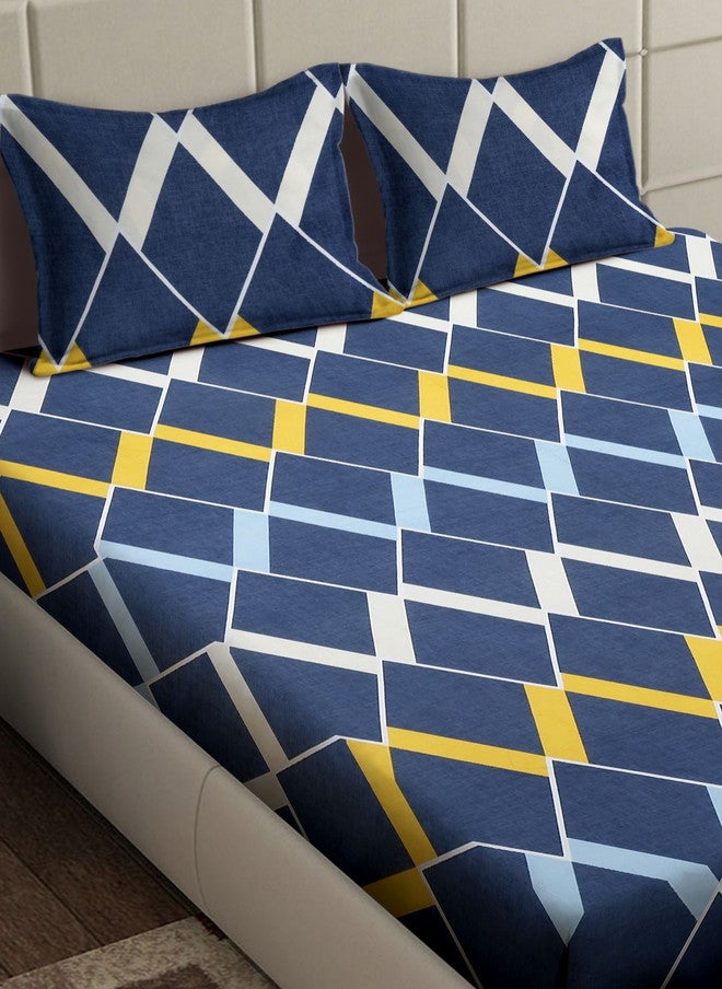 Arrabi Blue Geometric Cotton 310 TC Fitted King Bedsheet with 2 Pillow Covers - Image 2