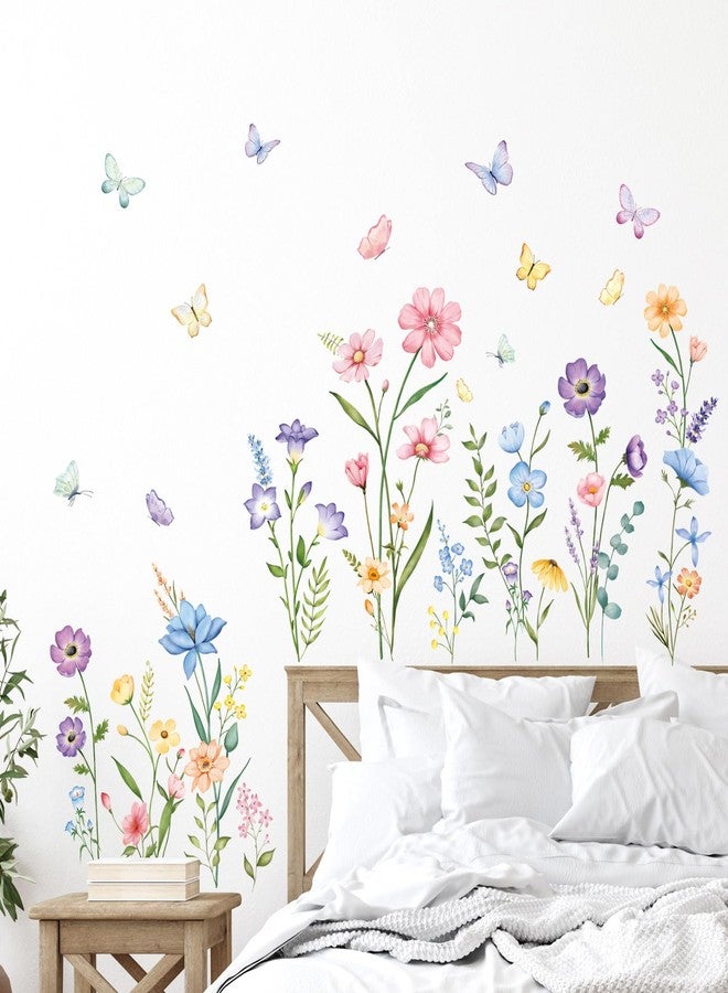 Supzone Flower Wall Decals Watercolor Wildflower Grass Butterflies Wall Stickers Peel and Stick Wall Art Decor for Girls Bedroom Living Room Home Office Wall Decor - Image 3