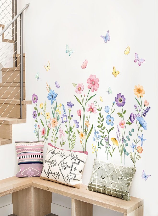 Supzone Flower Wall Decals Watercolor Wildflower Grass Butterflies Wall Stickers Peel and Stick Wall Art Decor for Girls Bedroom Living Room Home Office Wall Decor - Image 4
