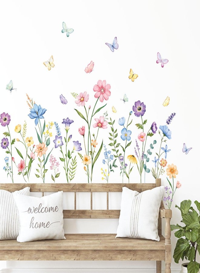 Supzone Flower Wall Decals Watercolor Wildflower Grass Butterflies Wall Stickers Peel and Stick Wall Art Decor for Girls Bedroom Living Room Home Office Wall Decor - Image 5