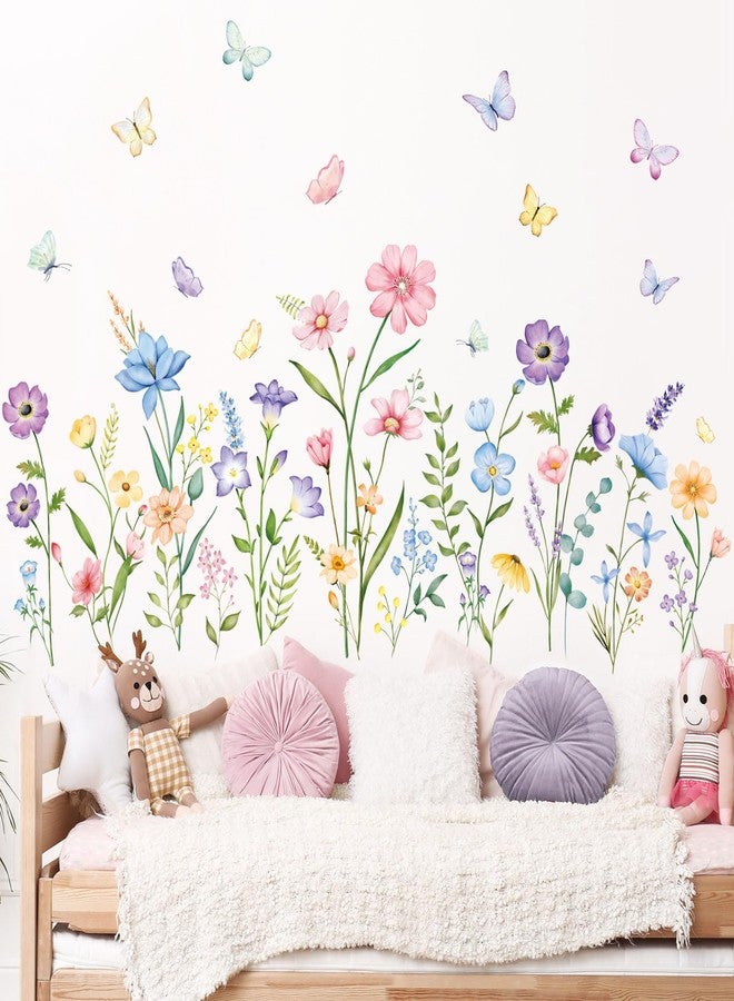 Supzone Flower Wall Decals Watercolor Wildflower Grass Butterflies Wall Stickers Peel and Stick Wall Art Decor for Girls Bedroom Living Room Home Office Wall Decor - Image 1