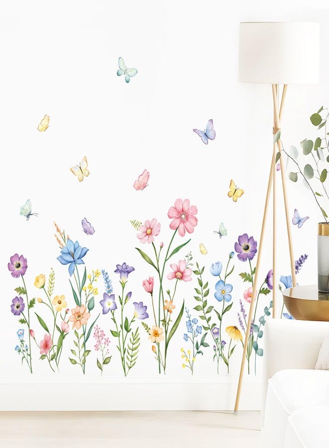 Supzone Flower Wall Decals Watercolor Wildflower Grass Butterflies Wall Stickers Peel and Stick Wall Art Decor for Girls Bedroom Living Room Home Office Wall Decor - Image 2
