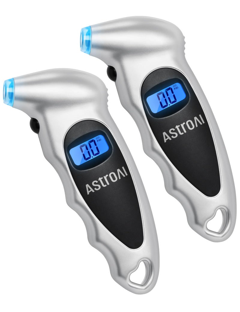 AstroAI Tire Pressure Gauge Digital 0-150PSI (Accurate in 0.1 Increments), 4 Units Stocking Stuffers for Car Truck Bicycle with Backlight LCD and Presta Valve Adaptor, Sliver (2 Pack) - Image 1