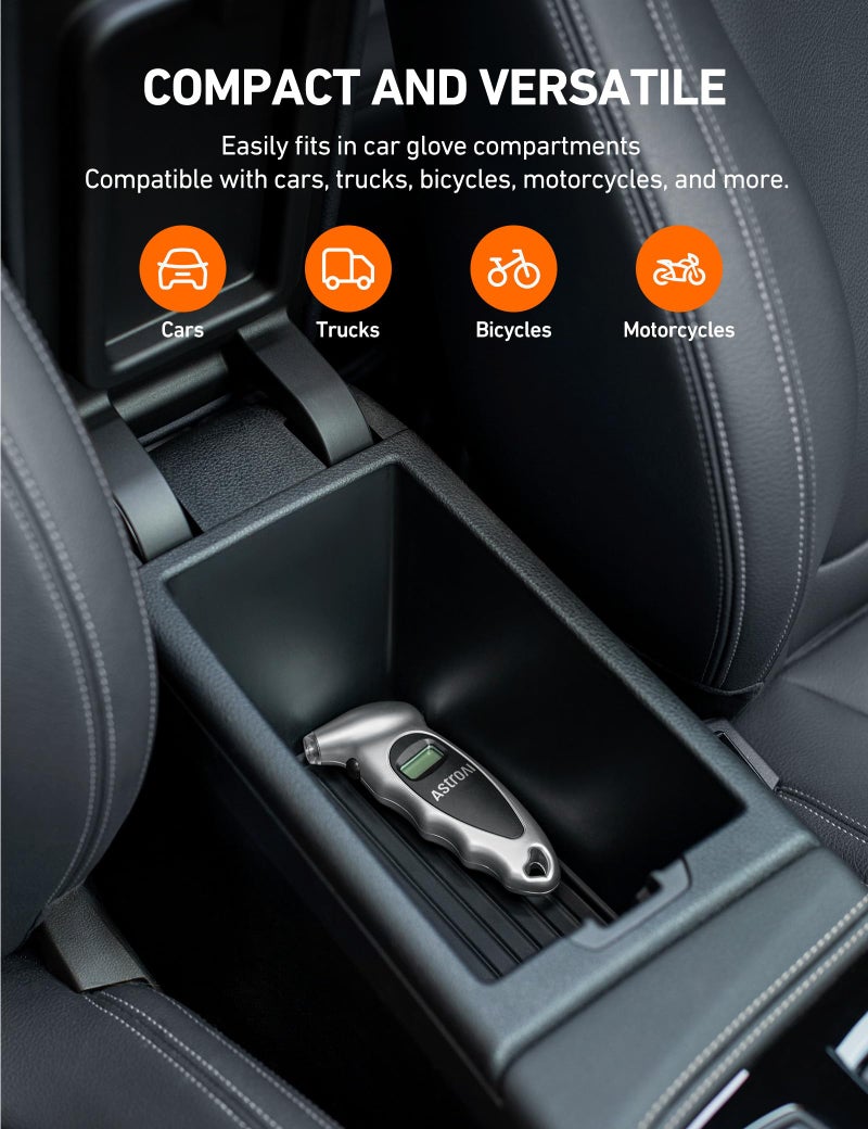 AstroAI Tire Pressure Gauge Digital 0-150PSI (Accurate in 0.1 Increments), 4 Units Stocking Stuffers for Car Truck Bicycle with Backlight LCD and Presta Valve Adaptor, Sliver (2 Pack) - Image 5