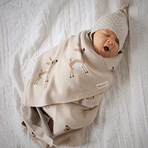 Bleu La La Knit Baby Swaddle Blanket - 100% Cotton Soft Cozy Receiving Swaddling Stroller Blanket Quilt for Shower Gift Registry for Newborns Infants Toddlers Gender Neutral (Deer - Taupe) - Image 2
