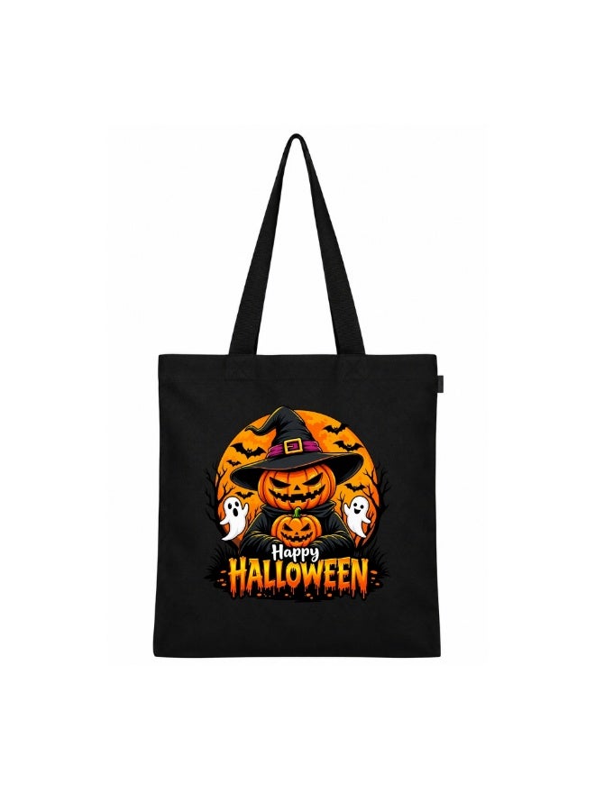 PRINTSHOP4ME Halloween Black Tote Bag | Reusable Cotton Shopping Bag | Pumpkin Design - Image 1