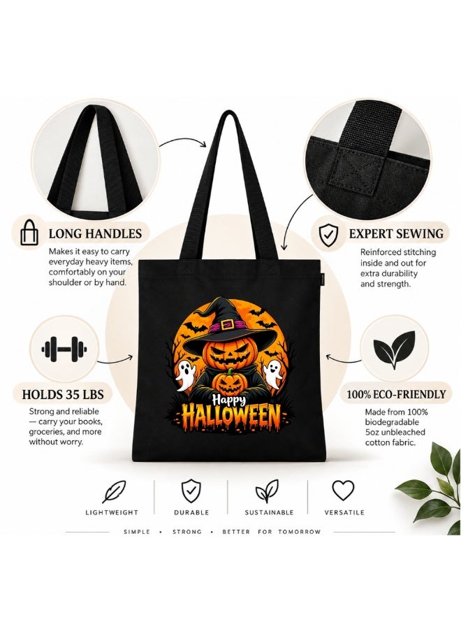 PRINTSHOP4ME Halloween Black Tote Bag | Reusable Cotton Shopping Bag | Pumpkin Design - Image 5