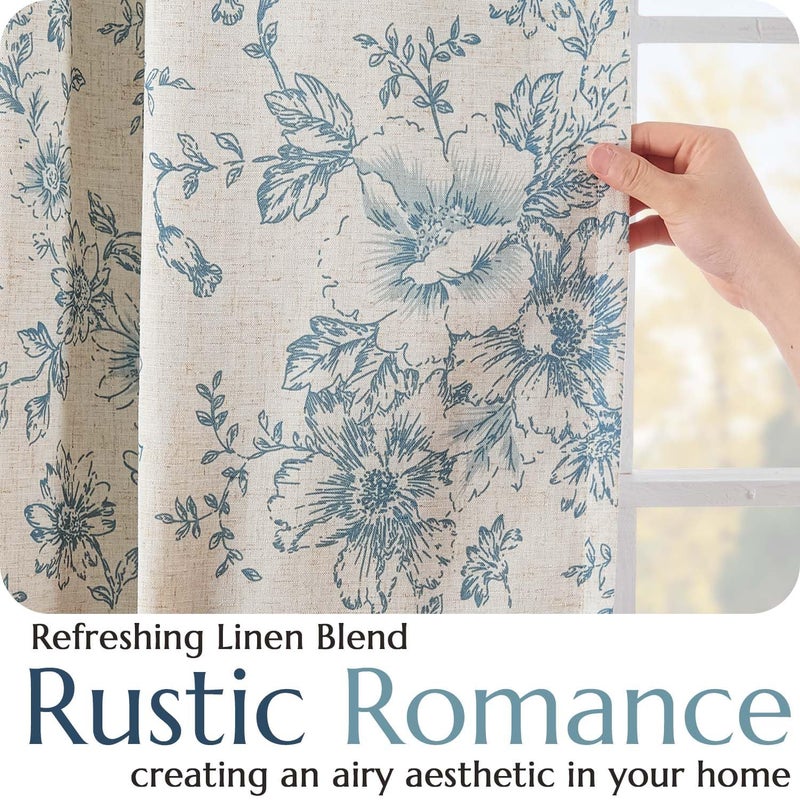 jinchan Blackout Linen Blend Curtain Floral Blackout Curtains for Living Room 96 Inch Length Blue Printed with Lined Blackout Curtain for Bedroom Farmhouse Curtains Set 2 Panels - Image 4