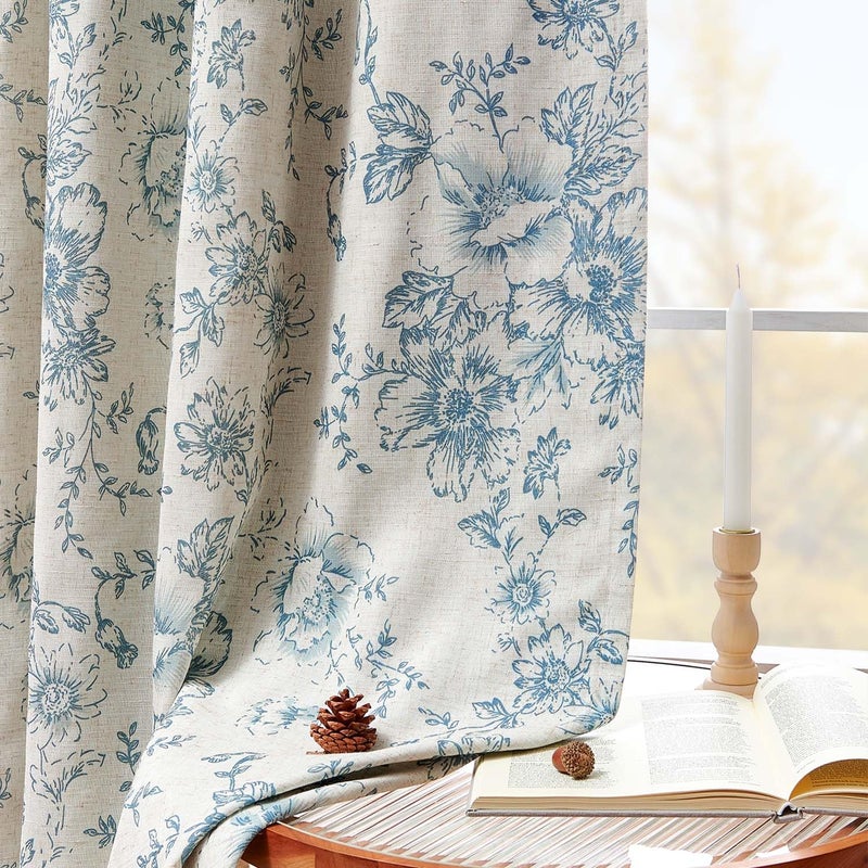 jinchan Blackout Linen Blend Curtain Floral Blackout Curtains for Living Room 96 Inch Length Blue Printed with Lined Blackout Curtain for Bedroom Farmhouse Curtains Set 2 Panels - Image 3