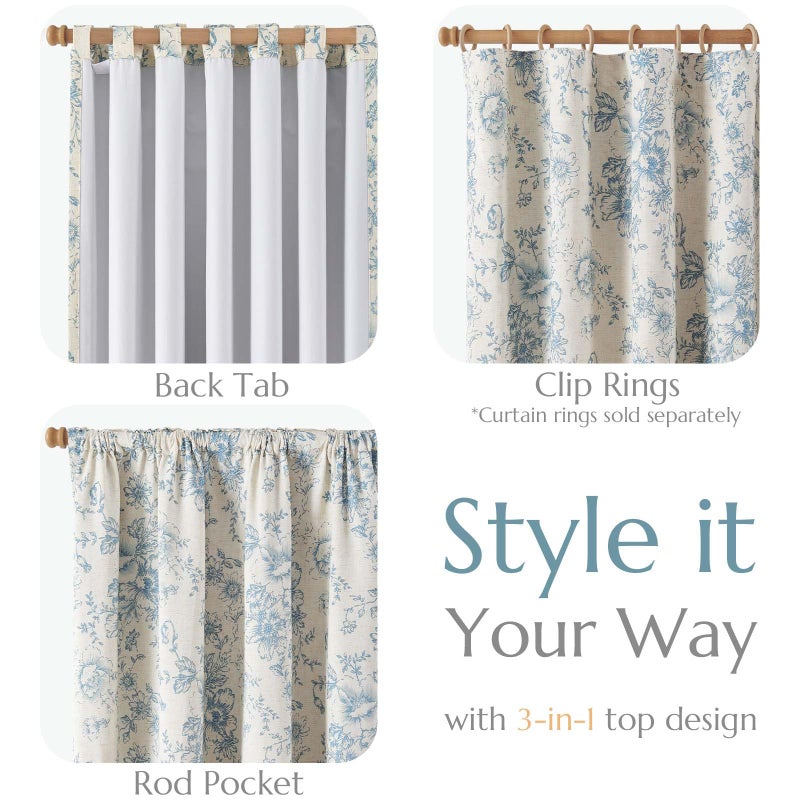 jinchan Blackout Linen Blend Curtain Floral Blackout Curtains for Living Room 96 Inch Length Blue Printed with Lined Blackout Curtain for Bedroom Farmhouse Curtains Set 2 Panels - Image 5