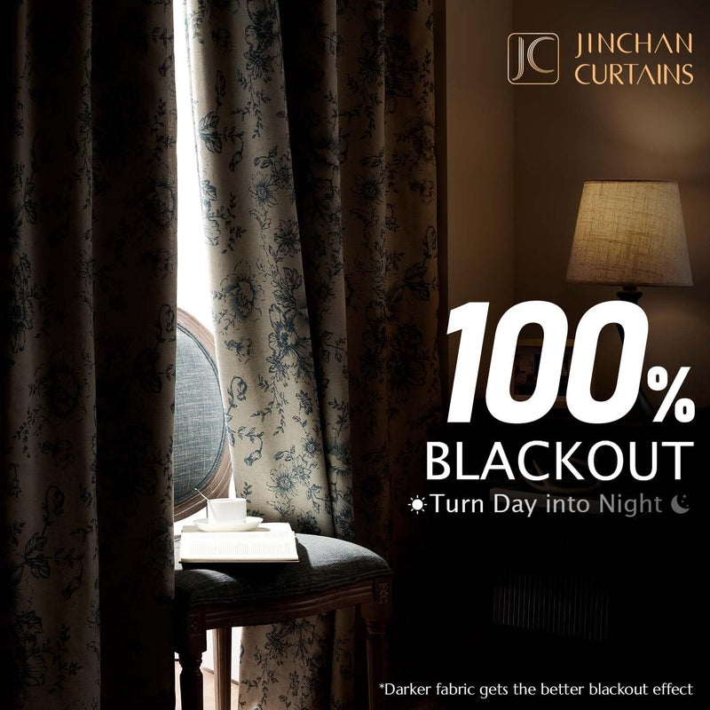 jinchan Blackout Linen Blend Curtain Floral Blackout Curtains for Living Room 96 Inch Length Blue Printed with Lined Blackout Curtain for Bedroom Farmhouse Curtains Set 2 Panels - Image 2