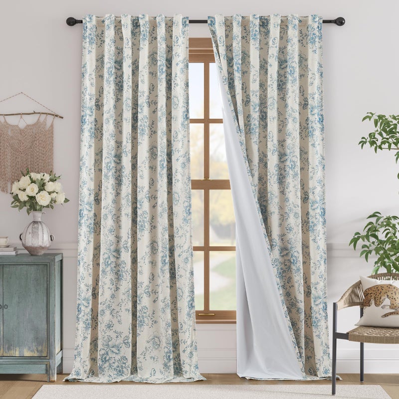 jinchan Blackout Linen Blend Curtain Floral Blackout Curtains for Living Room 96 Inch Length Blue Printed with Lined Blackout Curtain for Bedroom Farmhouse Curtains Set 2 Panels - Image 1