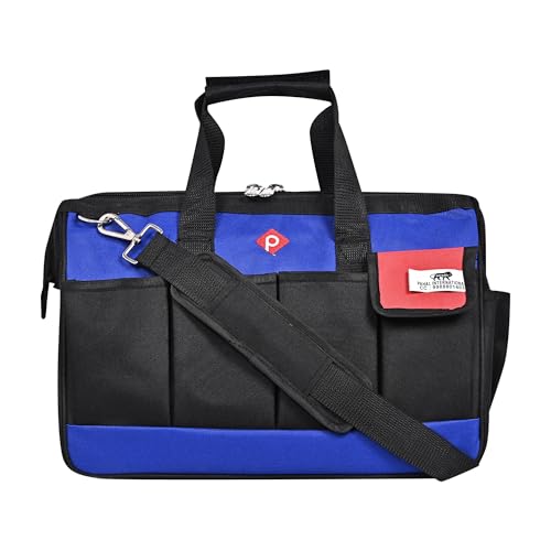 PAHAL 16 Inch Tool Bag Wide Mouth, Heavy Duty Waterproof Nylon Tool Organizer for Electrician, Technician, Plumber, AC Mechanic & Carpenter (Blue, Large, Multi-Pocket, Empty) - Image 1
