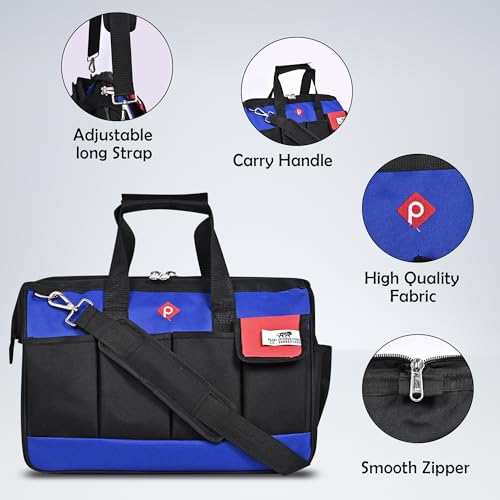 PAHAL 16 Inch Tool Bag Wide Mouth, Heavy Duty Waterproof Nylon Tool Organizer for Electrician, Technician, Plumber, AC Mechanic & Carpenter (Blue, Large, Multi-Pocket, Empty) - Image 3