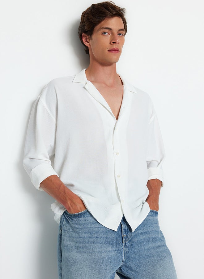 trendyol White Oversize Fit Open Collar Summer Linen Look Shirt - Image 3