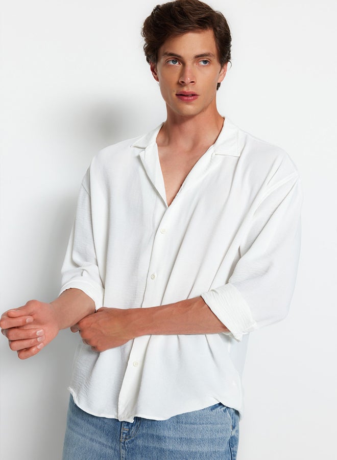 trendyol White Oversize Fit Open Collar Summer Linen Look Shirt - Image 1