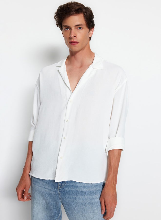 trendyol White Oversize Fit Open Collar Summer Linen Look Shirt - Image 2
