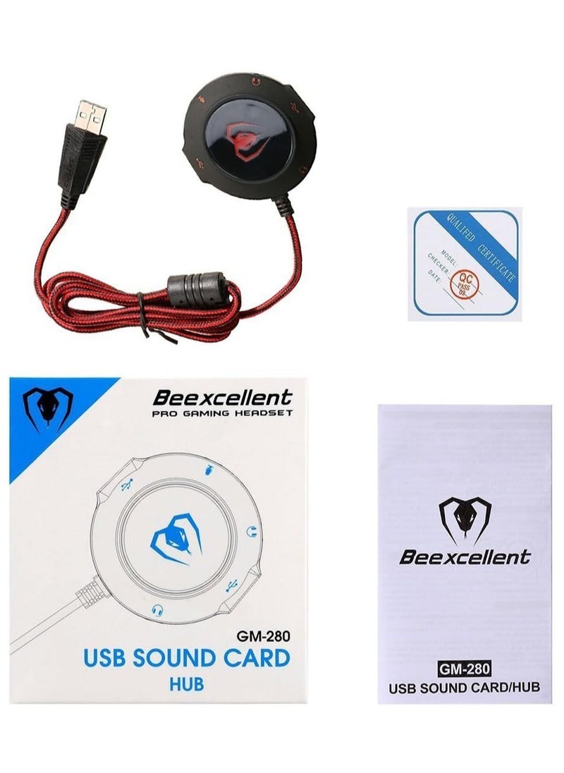 Beexcellent - GM-280 External USB 2.0 Sound Card HUB HIFI 3D Surround Sound Audio Adapter with 3.5mm Jack, Microphone Jack, USB HUB for PC, Laptop, MAC, Compatible with Windows, Vista, Mac IOS (Red) - Image 1