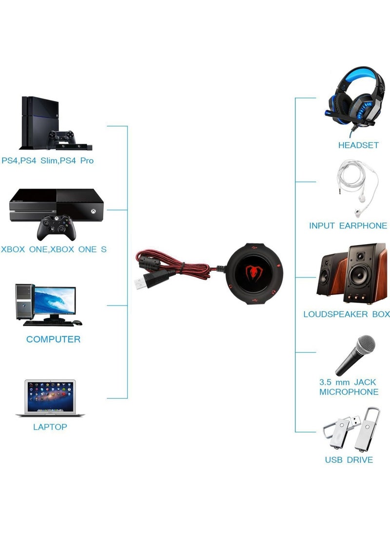 Beexcellent - GM-280 External USB 2.0 Sound Card HUB HIFI 3D Surround Sound Audio Adapter with 3.5mm Jack, Microphone Jack, USB HUB for PC, Laptop, MAC, Compatible with Windows, Vista, Mac IOS (Red) - Image 1
