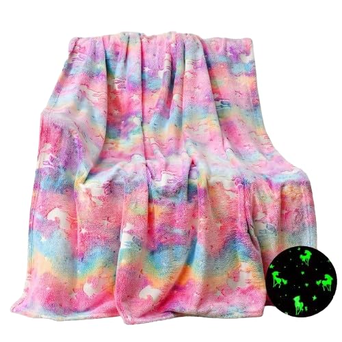 KTrading Blankets for Children Glow in The Dark Blanket Cartoon Print Blankets for Kids Light Weight Soft Cozy ToddlersTravel Lightweight Blanket Multicolor Pack of 1 Rainbow Unicorn - Image 1
