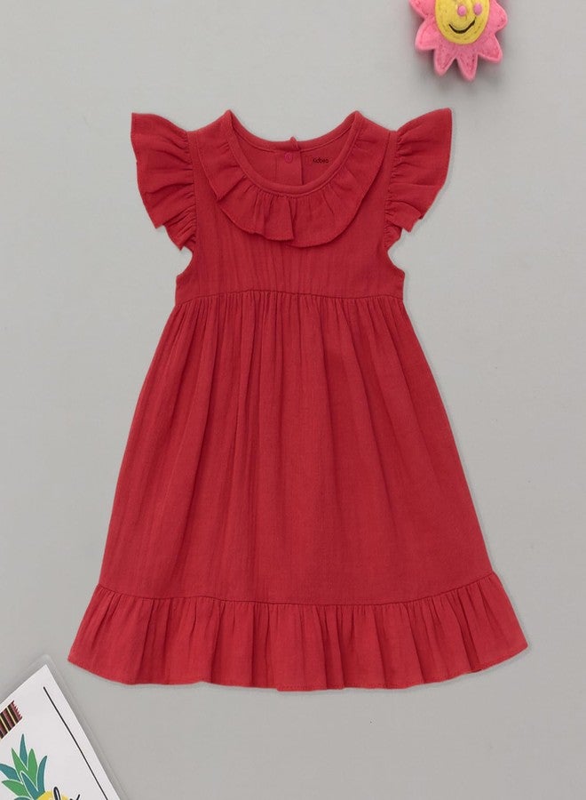 Kidbea® Baby Girls’ Linen Dress | Comfortable, Trendy Ruffled Sleeves & Hem, Soft Breathable Fabric for Everyday & Special Occasions (Maroon, 12-18 Months) - Image 2