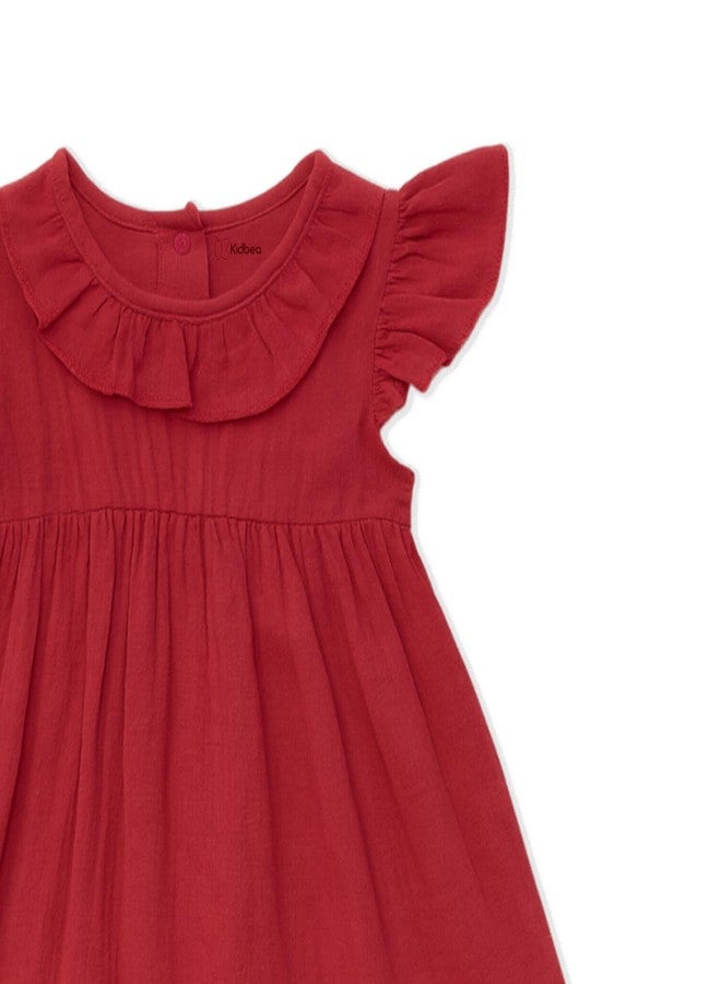 Kidbea® Baby Girls’ Linen Dress | Comfortable, Trendy Ruffled Sleeves & Hem, Soft Breathable Fabric for Everyday & Special Occasions (Maroon, 12-18 Months) - Image 5