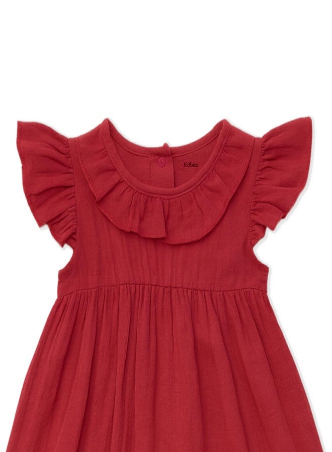 Kidbea® Baby Girls’ Linen Dress | Comfortable, Trendy Ruffled Sleeves & Hem, Soft Breathable Fabric for Everyday & Special Occasions (Maroon, 12-18 Months) - Image 4