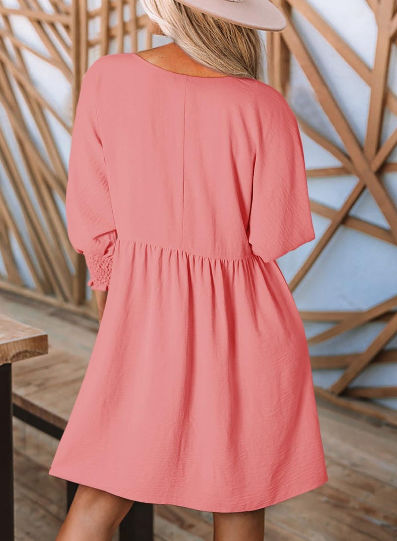 Dokotoo Summer Dresses for Women 2026 Casual Empire Waist A Line 3/4 Sleeve Cute Babydoll Mini Shirt Dress Plus Size Dress Spring Fall Western Cowgirl Church Outfits Pink Dresses for Women XXL - Image 2